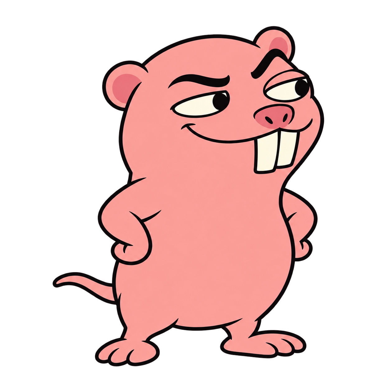 A smug pink mole rat with two enormous front teeth and his hands on his hips
